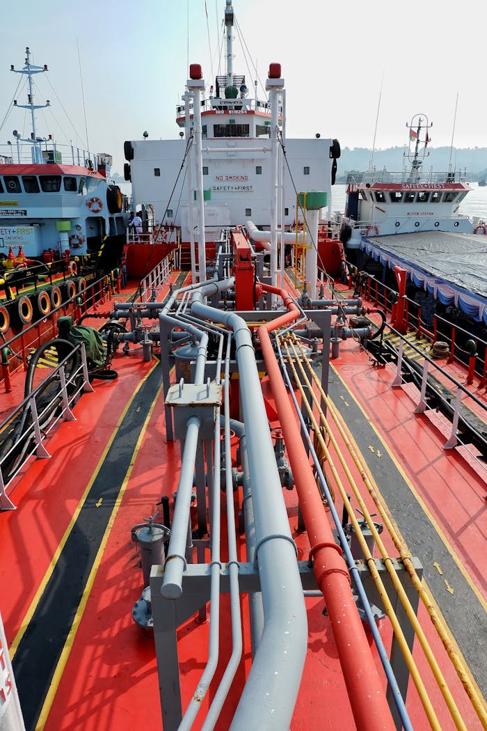about-02 A detailed view of a shipping tankers deck and pipeline system docked in Banten, Indonesia.